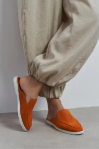 Nisantasi Shoes Letty Orange Suede Leather Flat Sole Women Loafer Slippers - Image 2