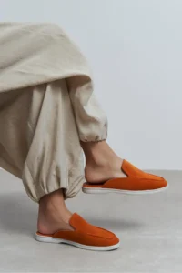 Nisantasi Shoes Letty Orange Suede Leather Flat Sole Women Loafer Slippers - Image 8