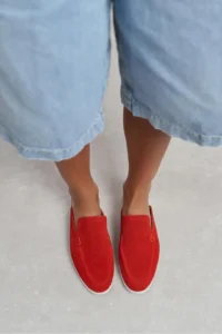 Nisantasi Shoes Letty Red SUEDE Leather Flat Sole Women Loafer Slippers - Image 7