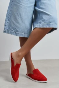 Nisantasi Shoes Letty Red SUEDE Leather Flat Sole Women Loafer Slippers - Image 8