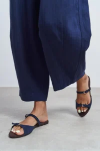 Nisantasi Shoes Calina NAVY BLUE Suede Double with buckle Flat Sole Women Slippers - Image 2