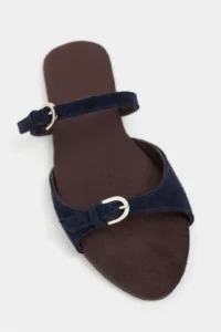 Nisantasi Shoes Calina NAVY BLUE Suede Double with buckle Flat Sole Women Slippers - Image 4