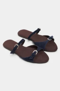 Nisantasi Shoes Calina NAVY BLUE Suede Double with buckle Flat Sole Women Slippers - Image 6