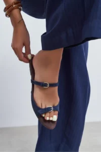 Nisantasi Shoes Calina NAVY BLUE Suede Double with buckle Flat Sole Women Slippers - Image 8