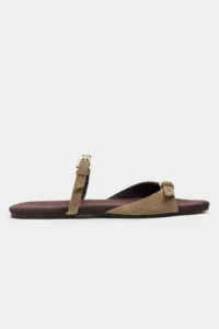 Nisantasi Shoes Calina ROME BEIGE Suede Double with buckle Flat Sole Women Slippers