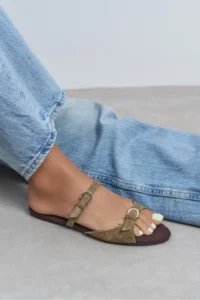 Nisantasi Shoes Calina ROME BEIGE Suede Double with buckle Flat Sole Women Slippers - Image 7