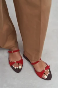 Nisantasi Shoes Calina Red SUEDE Double with buckle Flat Sole Women Slippers - Image 2