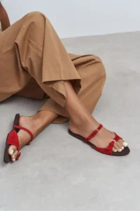 Nisantasi Shoes Calina Red SUEDE Double with buckle Flat Sole Women Slippers - Image 7