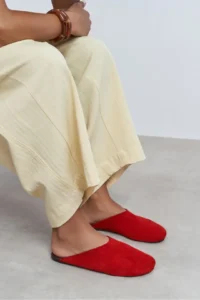 Nisantasi Shoes Liam Red SUEDE Leather Flat Sole Closed Women Slippers - Image 8