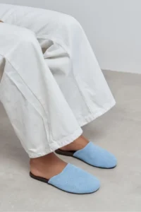 Nisantasi Shoes Modi Bebe BLUE Suede Leather Flat Sole Closed Women Slippers - Image 2