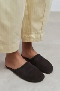 Nisantasi Shoes Modi DARK Brown Suede Leather Flat Sole Closed Women Slippers - Image 2