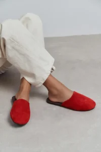 Nisantasi Shoes MODI Red SUEDE Leather Flat Sole Closed Women Slippers - Image 9