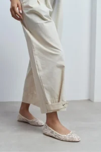 Nisantasi Shoes Magni Beige Lace Embroidered Fiyonk Detailed Women Flats - Image 2