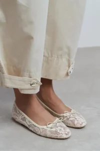 Nisantasi Shoes Magni Beige Lace Embroidered Fiyonk Detailed Women Flats - Image 7