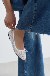 Nisantasi Shoes Magni WHITE Lace Embroidered Fiyonk Detailed Women Flats - Image 7