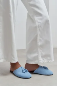 Nisantasi Shoes Nella Bebe BLUE GENUINE Suede Leather Tassel Detailed Flat Sole Women Slippers - Image 2