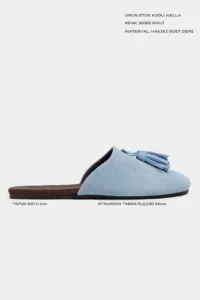 Nisantasi Shoes Nella Bebe BLUE GENUINE Suede Leather Tassel Detailed Flat Sole Women Slippers - Image 3