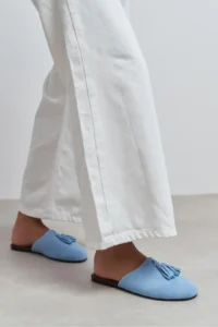 Nisantasi Shoes Nella Bebe BLUE GENUINE Suede Leather Tassel Detailed Flat Sole Women Slippers - Image 8