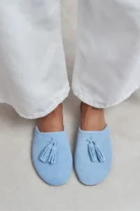Nisantasi Shoes Nella Bebe BLUE GENUINE Suede Leather Tassel Detailed Flat Sole Women Slippers - Image 9