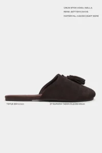 Nisantasi Shoes Nella BITTER BROWN GENUINE SUEDE Leather Tassel Detailed Flat Sole Women Slippers - Image 3