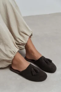 Nisantasi Shoes Nella BITTER BROWN GENUINE SUEDE Leather Tassel Detailed Flat Sole Women Slippers - Image 8