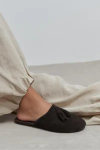 Nisantasi Shoes Nella BITTER BROWN GENUINE SUEDE Leather Tassel Detailed Flat Sole Women Slippers - Image 9