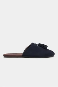 Nisantasi Shoes Nella NAVY BLUE GENUINE Suede Leather Tassel Detailed Flat Sole Women Slippers