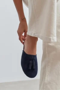 Nisantasi Shoes Nella NAVY BLUE GENUINE Suede Leather Tassel Detailed Flat Sole Women Slippers - Image 2