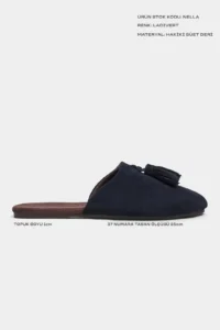 Nisantasi Shoes Nella NAVY BLUE GENUINE Suede Leather Tassel Detailed Flat Sole Women Slippers - Image 3