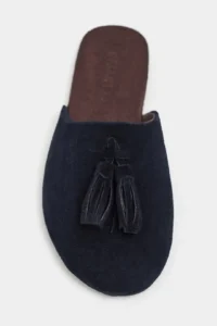 Nisantasi Shoes Nella NAVY BLUE GENUINE Suede Leather Tassel Detailed Flat Sole Women Slippers - Image 4