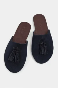 Nisantasi Shoes Nella NAVY BLUE GENUINE Suede Leather Tassel Detailed Flat Sole Women Slippers - Image 7