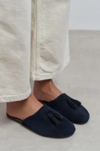 Nisantasi Shoes Nella NAVY BLUE GENUINE Suede Leather Tassel Detailed Flat Sole Women Slippers - Image 8