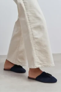 Nisantasi Shoes Nella NAVY BLUE GENUINE Suede Leather Tassel Detailed Flat Sole Women Slippers - Image 9