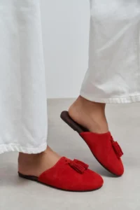 Nisantasi Shoes Nella Red GENUINE SUEDE Leather Tassel Detailed Flat Sole Women Slippers - Image 2