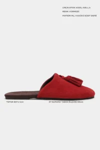 Nisantasi Shoes Nella Red GENUINE SUEDE Leather Tassel Detailed Flat Sole Women Slippers - Image 3