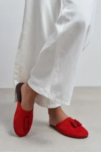 Nisantasi Shoes Nella Red GENUINE SUEDE Leather Tassel Detailed Flat Sole Women Slippers - Image 8