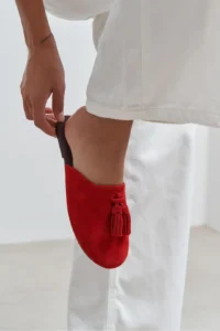 Nisantasi Shoes Nella Red GENUINE SUEDE Leather Tassel Detailed Flat Sole Women Slippers - Image 9