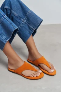 Nisantasi Shoes Almira Orange Suede Leather Flat Sole Women Flip Flops Slippers - Image 8