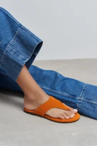 Nisantasi Shoes Almira Orange Suede Leather Flat Sole Women Flip Flops Slippers - Image 9