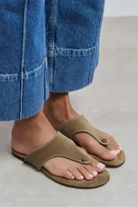 Nisantasi Shoes Almira ROME BEIGE Suede Leather Flat Sole Women Flip Flops Slippers - Image 9