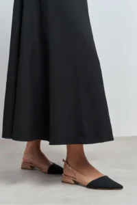 Nisantasi Shoes VIKTOR Nude Satin Front Black Ankle Belt Detailed Pointed toe Short Heels Women Flats