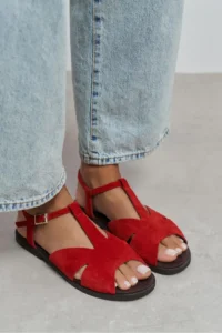 Nisantasi Shoes Dessas Red SUEDE GENUINE Leather Hair Clip Detailed Flat Sole Burnu Light Women Sandals - Image 2