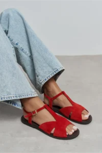 Nisantasi Shoes Dessas Red SUEDE GENUINE Leather Hair Clip Detailed Flat Sole Burnu Light Women Sandals - Image 9