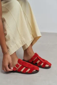 Nisantasi Shoes Siento Red SUEDE Leather Flat Sole Women Slippers - Image 2
