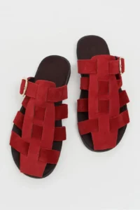 Nisantasi Shoes Siento Red SUEDE Leather Flat Sole Women Slippers - Image 7