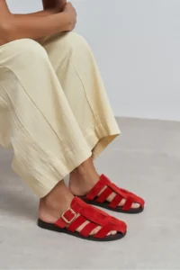 Nisantasi Shoes Siento Red SUEDE Leather Flat Sole Women Slippers - Image 9