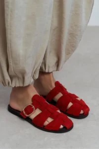 Nisantasi Shoes Honey Red GENUINE SUEDE Hair Clip Detailed Flat Sole Women Slippers - Image 6