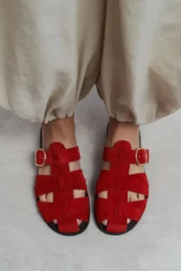 Nisantasi Shoes Honey Red GENUINE SUEDE Hair Clip Detailed Flat Sole Women Slippers - Image 7