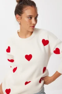 Happiness İstanbul Women's Burgundy Heart Textured Oversize Knitwear Sweater