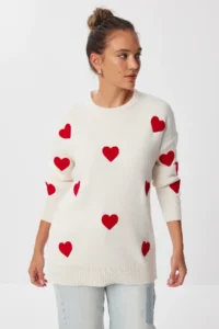 Happiness İstanbul Women's Burgundy Heart Textured Oversize Knitwear Sweater - Image 2